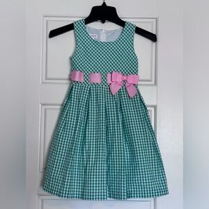 Bonnie Jean Green & White Seersucker Gingham Dress Pink Bow Spring/Summer Sz 6X